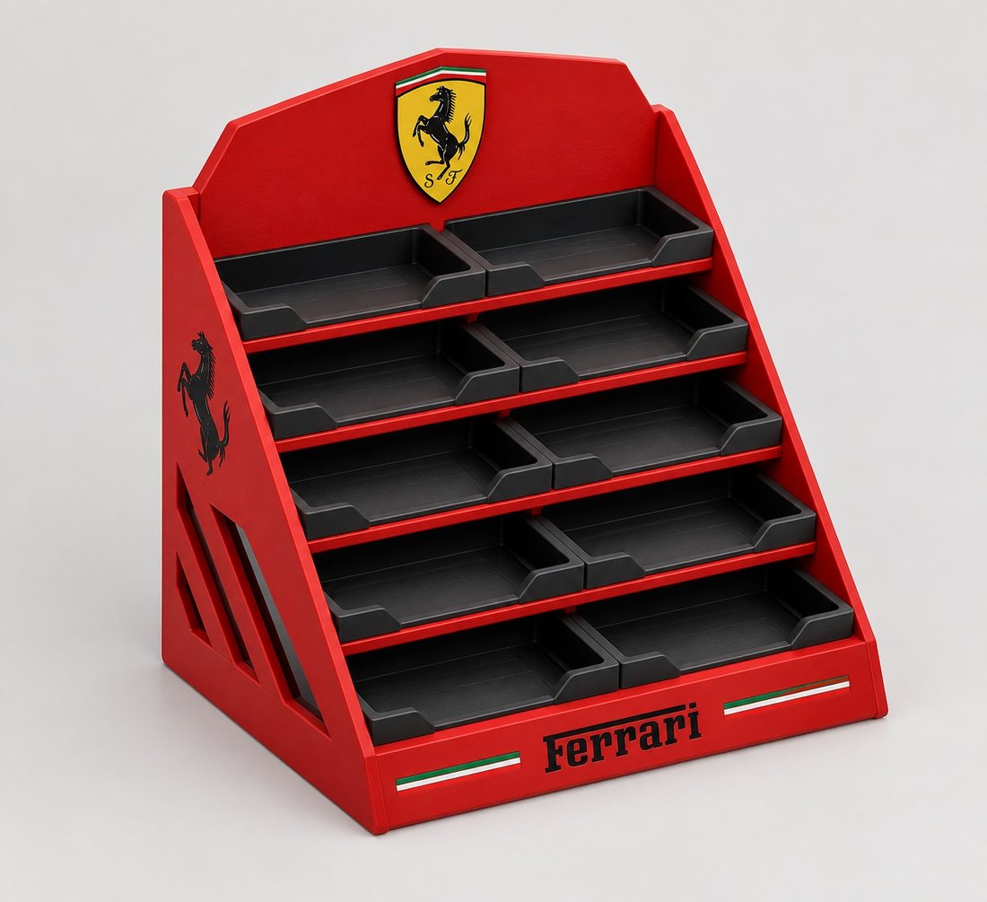 AI concept image of a red ten-slot display stand for toy cars